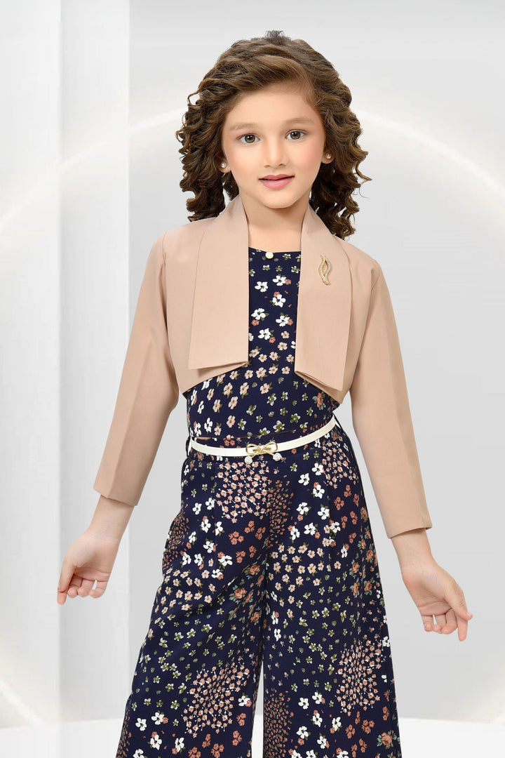 Navy Blue with Peach Floral Print Overcoat Styled Top with Palazzo Set for Girls with Belt