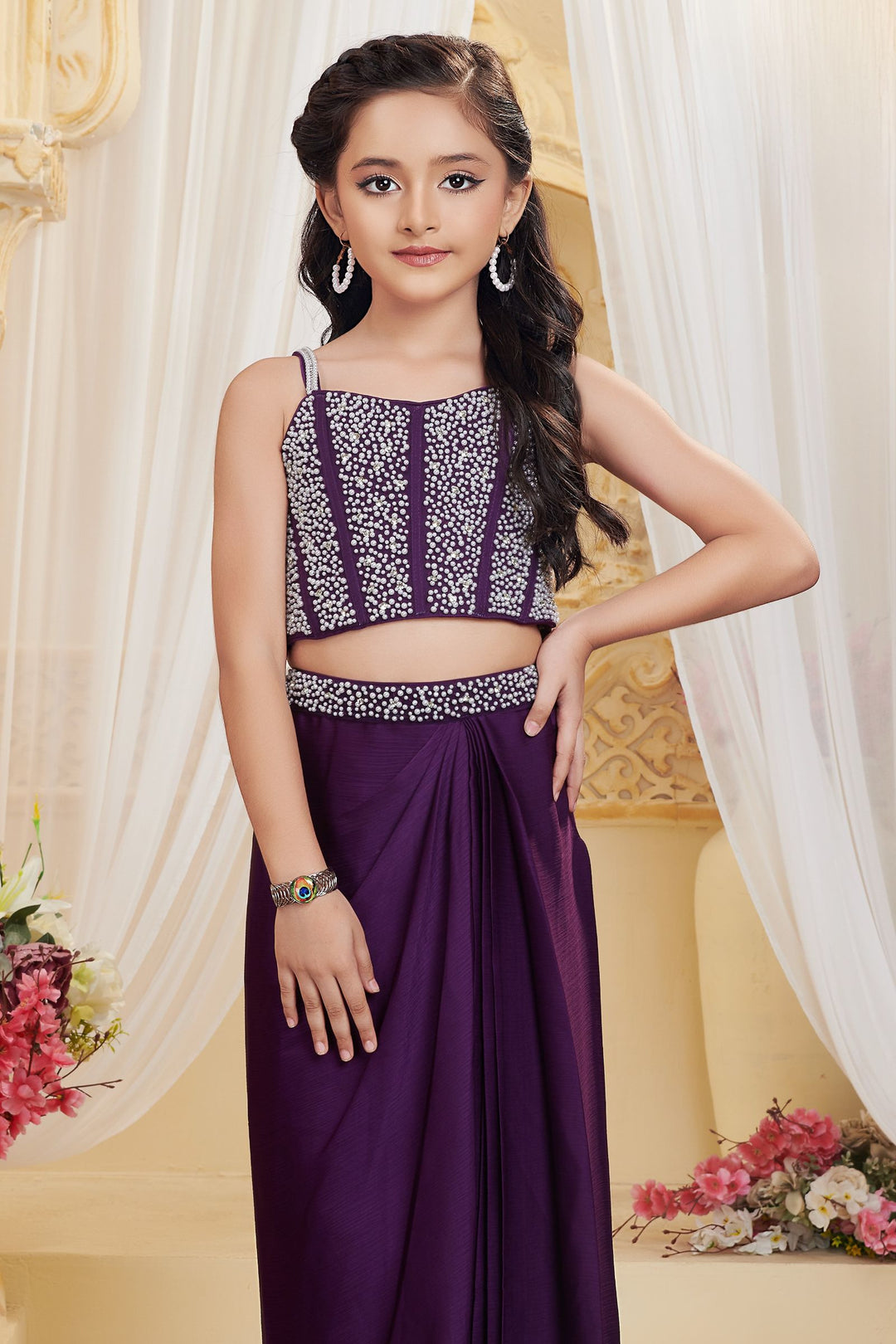 Purple Pearl and Stone work Choli with Cowl Skirt for Girls