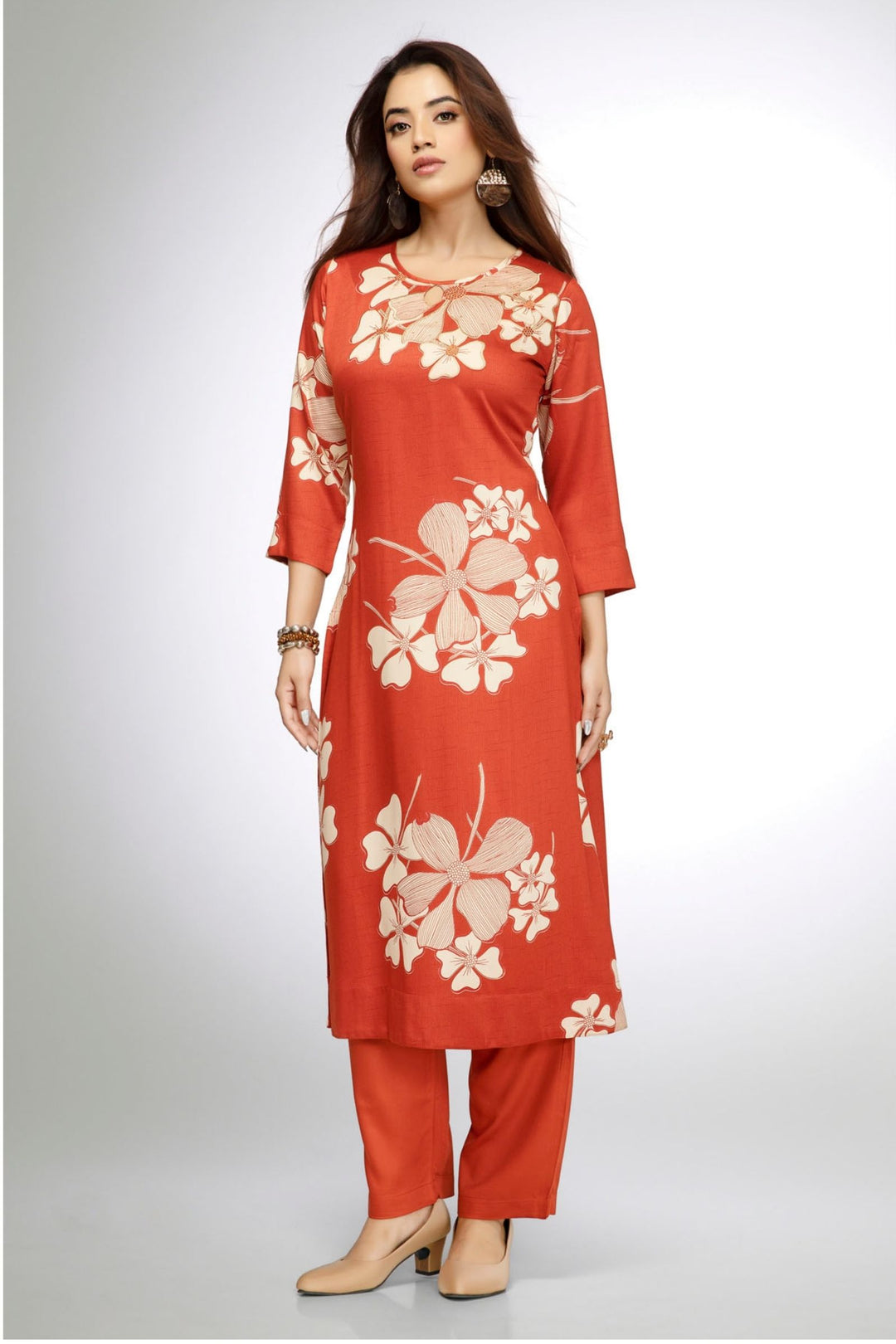 Rust Floral Print Straight Kurta Set