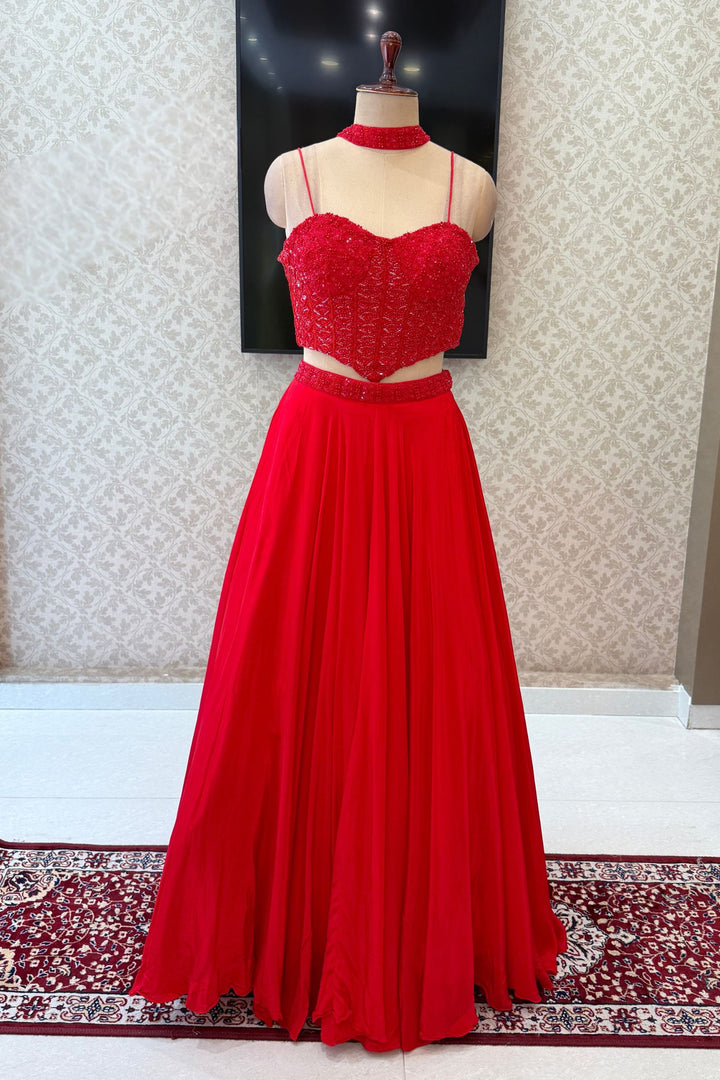 Red Beads and Sequins work Crop Top Lehenga