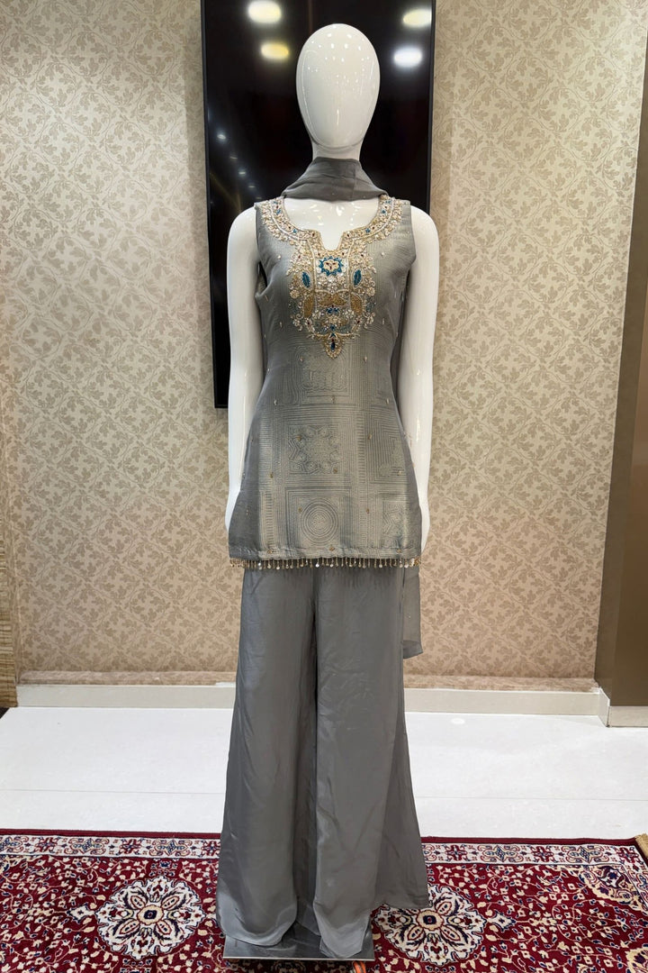 Grey Zardozi, Stone, Sequins, Beads and Thread work Palazzo Salwar Suit