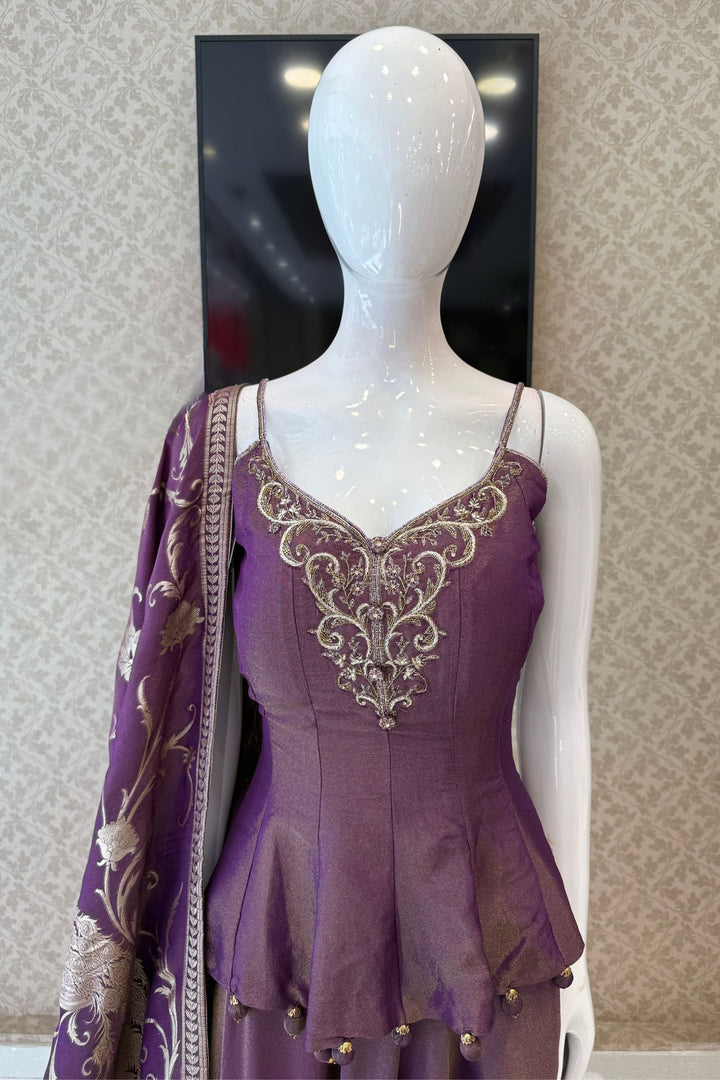 Purple Zardozi, Stone, Beads and Sequins work Palazzo Set with Peplum Top