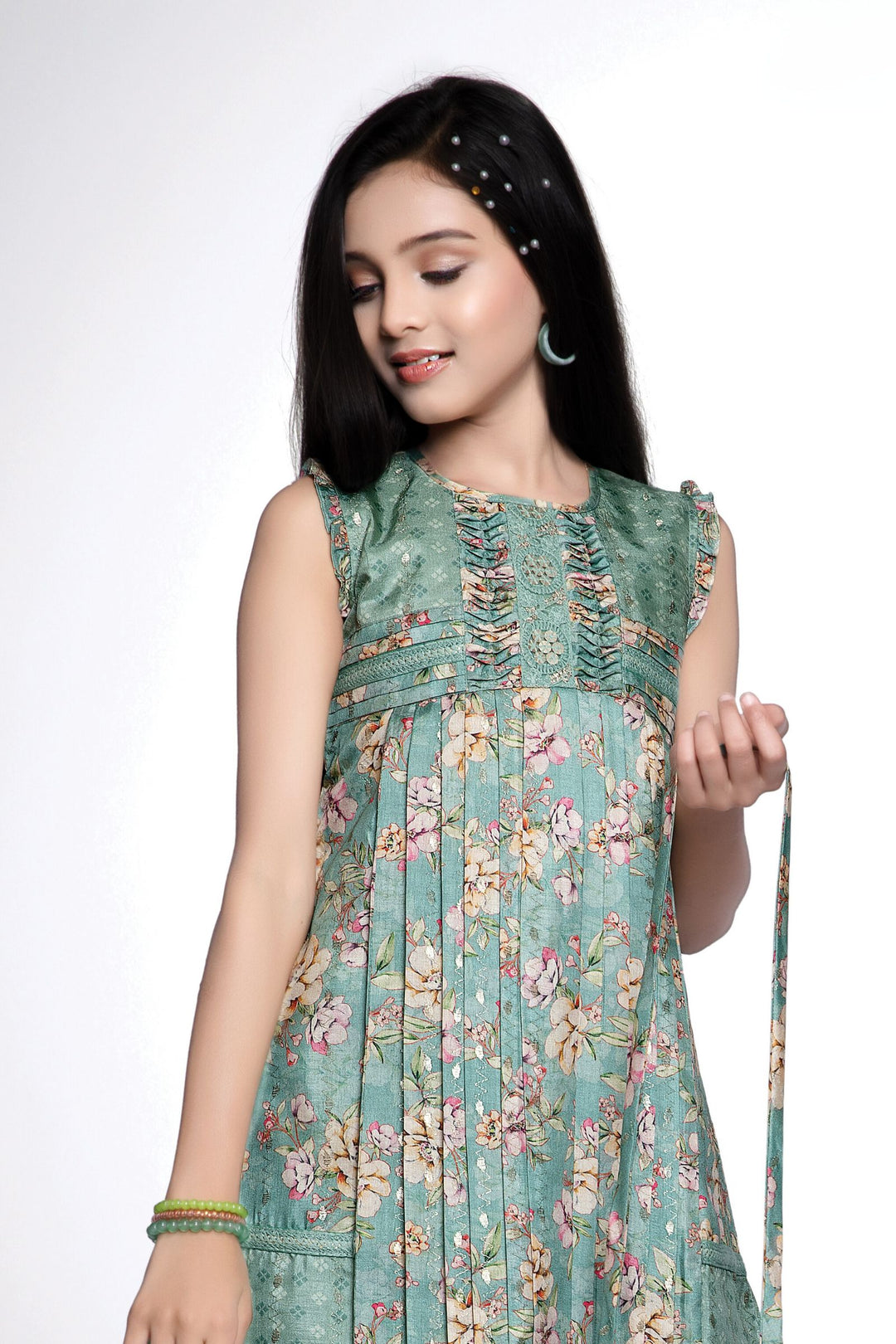 Green Floral Print Casual Frock for Girls