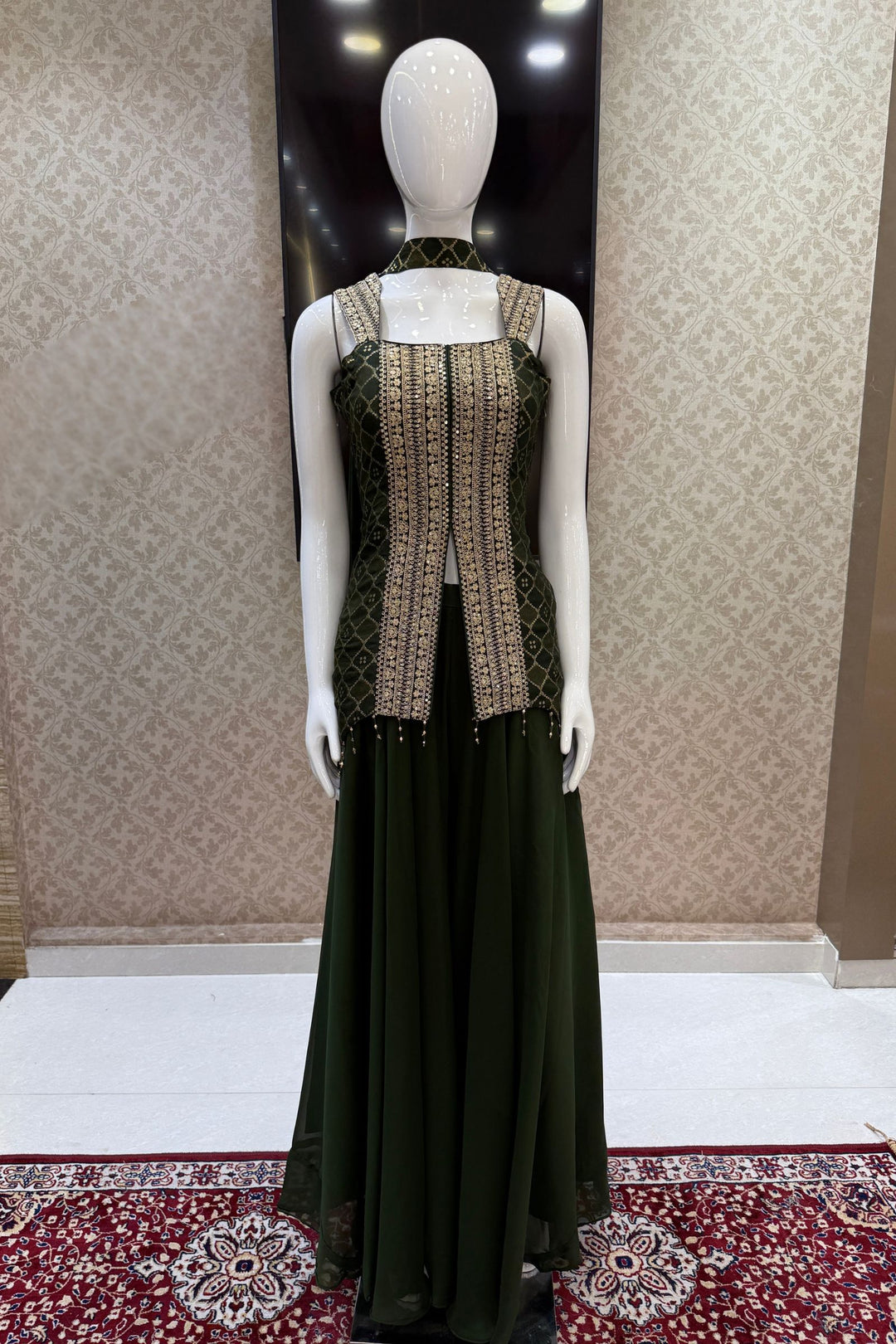 Bottle Green Banaras Zari, Sequins and Zari Thread work Palazzo Suit Set