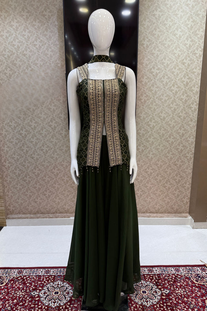 Bottle Green Banaras Zari, Sequins and Zari Thread work Palazzo Suit Set
