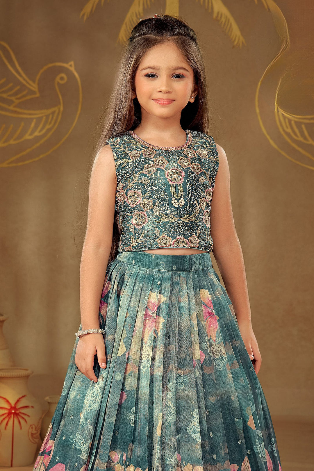 Peacock Green Multicolor Embroidery, Sequins and Zari work with Floral Print Lehenga Choli for Girls