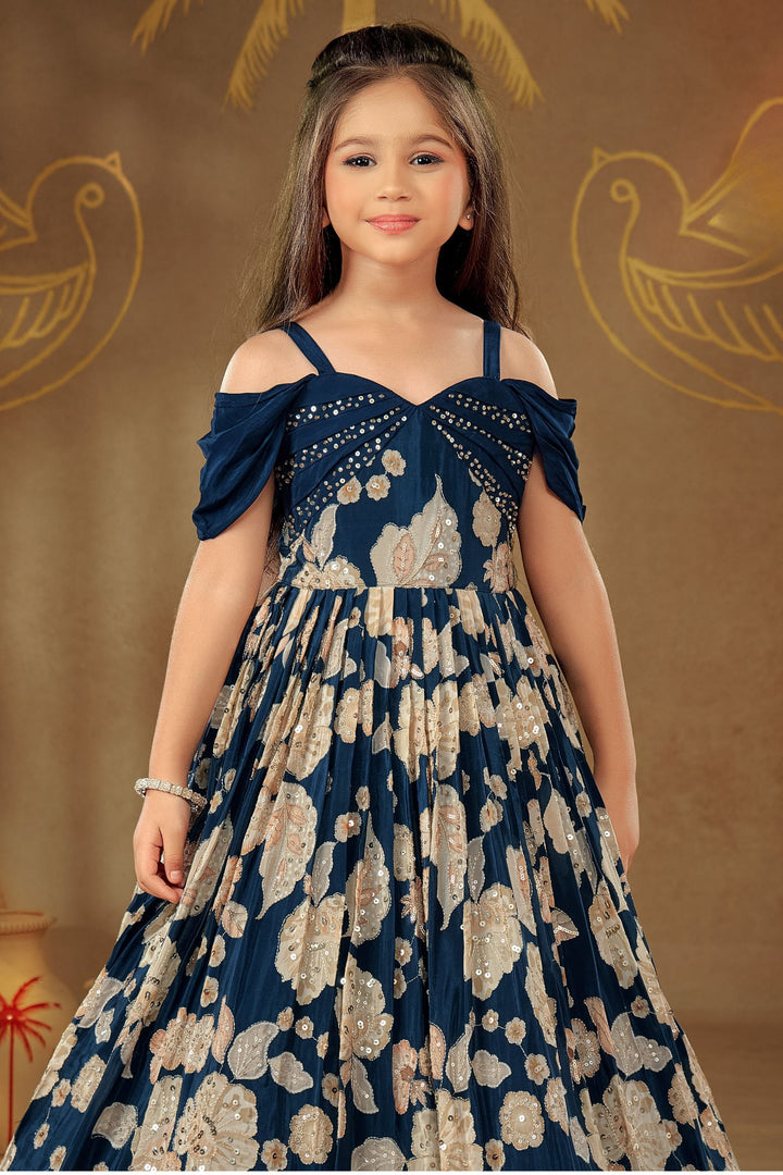 Navy Blue Sequins and Zari work with Floral Print Long Party Gown for Girls
