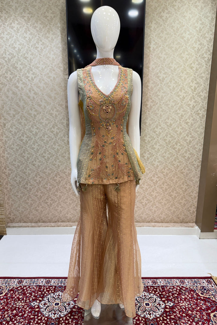 Multicolor Palazzo Set with Zari, Beads, Mirror, Stone and Zardozi work Peplum Top