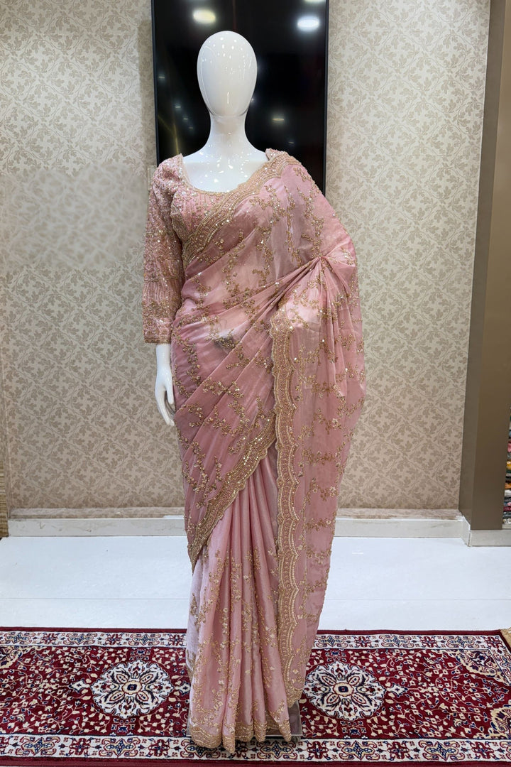 Rose Pink Zari, Beads and Sequins work Saree