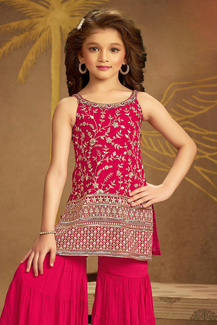 Rani Pink Sequins, Zari, Mirror, Stone and Beads work Sharara Suit Set for Girls