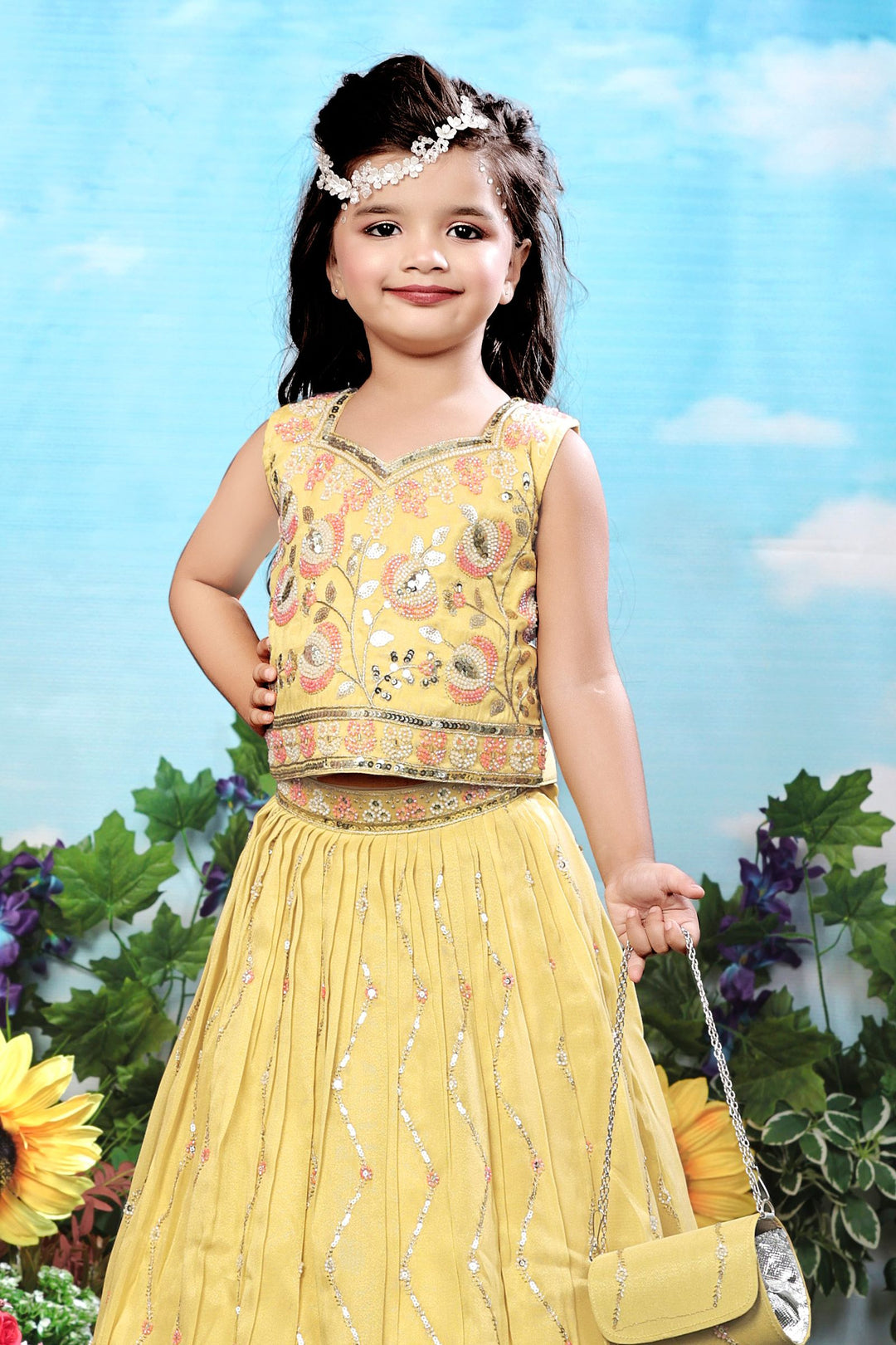 Yellow Beads, Zari and Sequins work Lehenga Choli for Girls with Bag