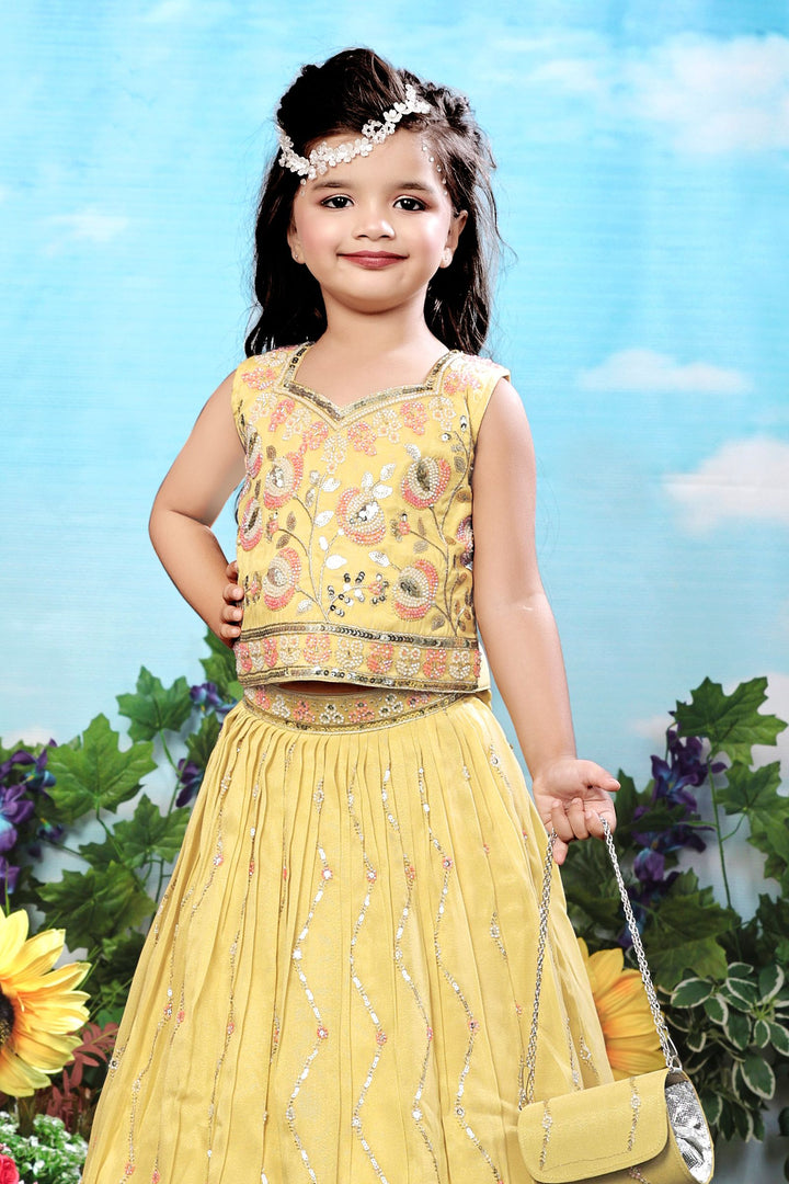 Yellow Beads, Zari and Sequins work Lehenga Choli for Girls with Bag