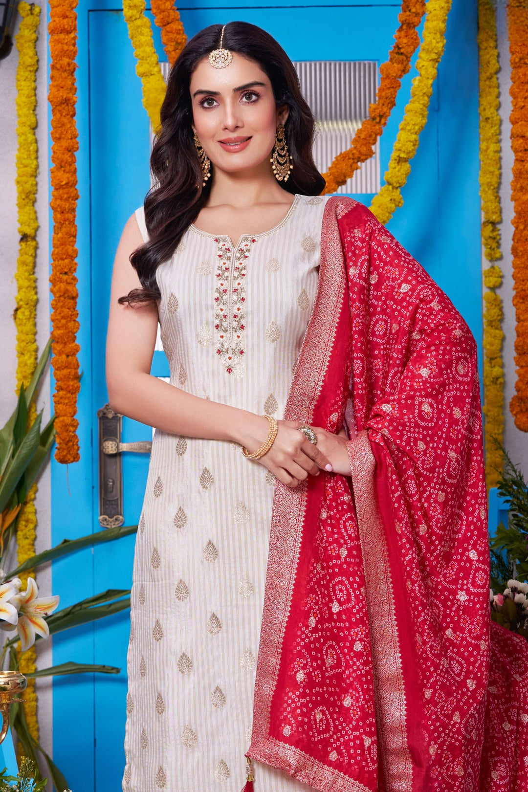 Cream Beads, Thread and Banaras work Straight Cut Salwar Suit with Bandini Print Dupatta