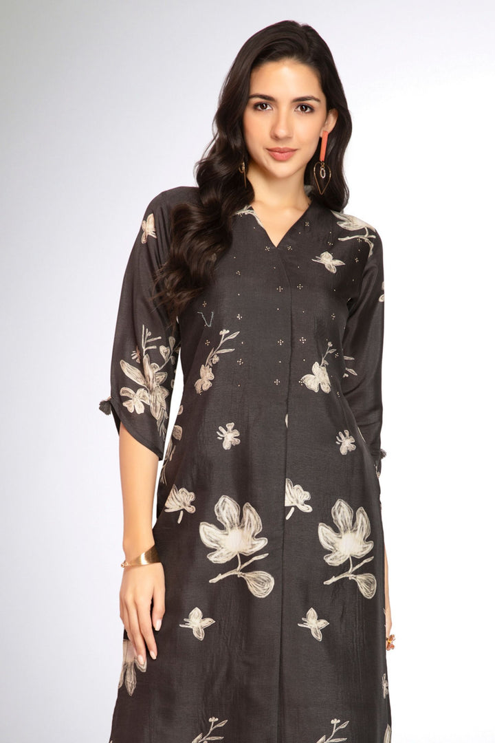 Black Stone work with Floral Print Calf Length Kurti