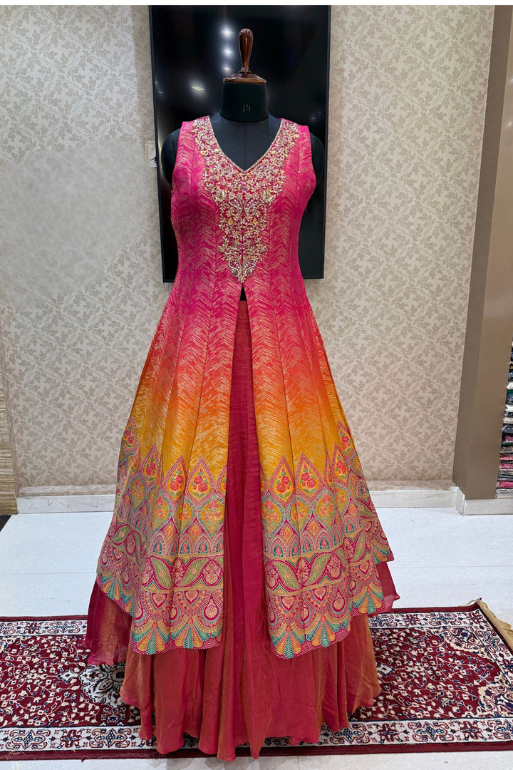 Pink with Mustard Banaras work Mastani Styled Long Top Lehenga