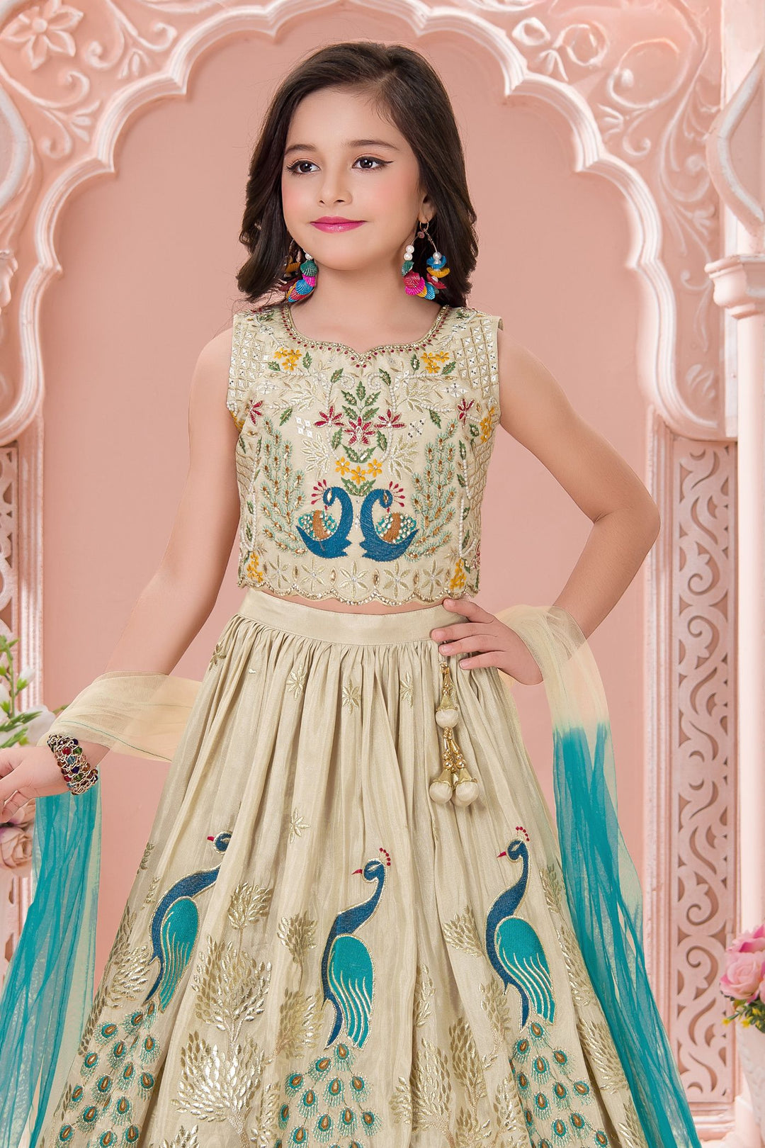 Cream Multicolor Embroidery, Sequins, Zari, Beads and Stone work Lehenga Choli for Girls