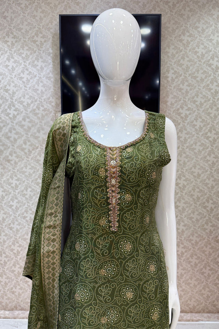 Mehendi Green Zari Weaving and Banaras work with Bandini Print Straight Cut Salwar Suit