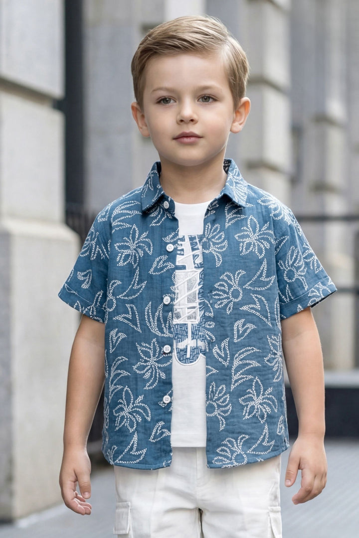 Blue with White Printed Boys Co-Ord Set