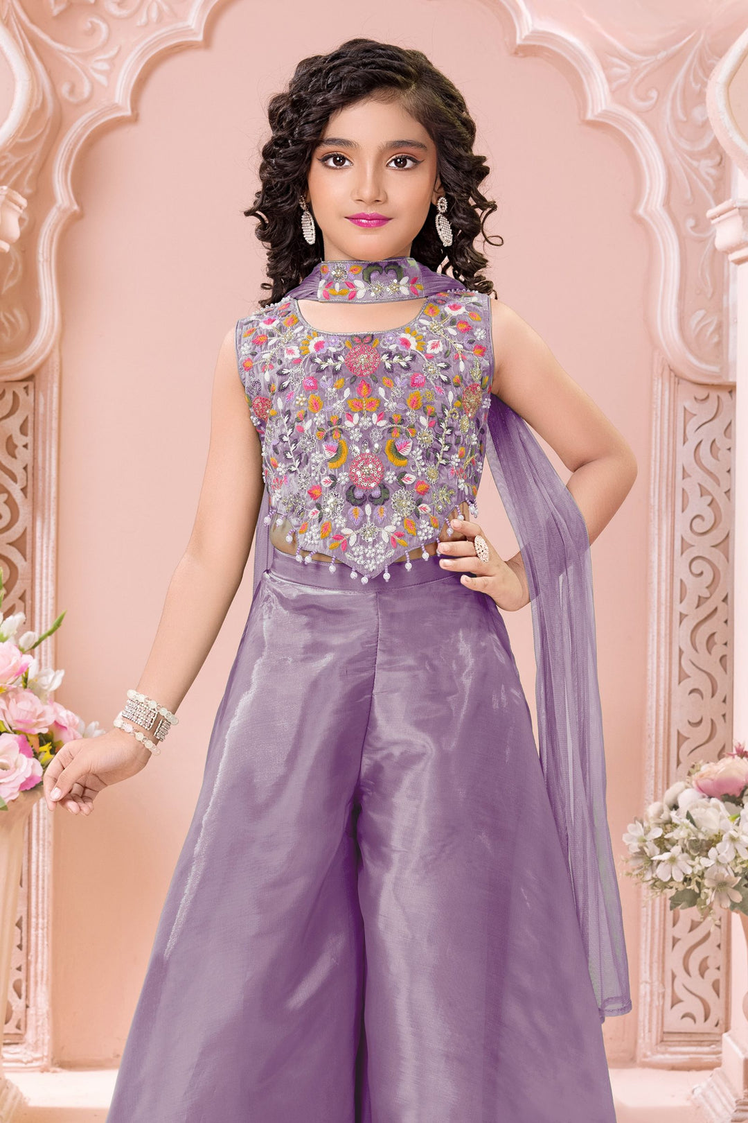 Lavender Sequins, Beads and Multicolor Embroidery work Palazzo Suit Set for Girls