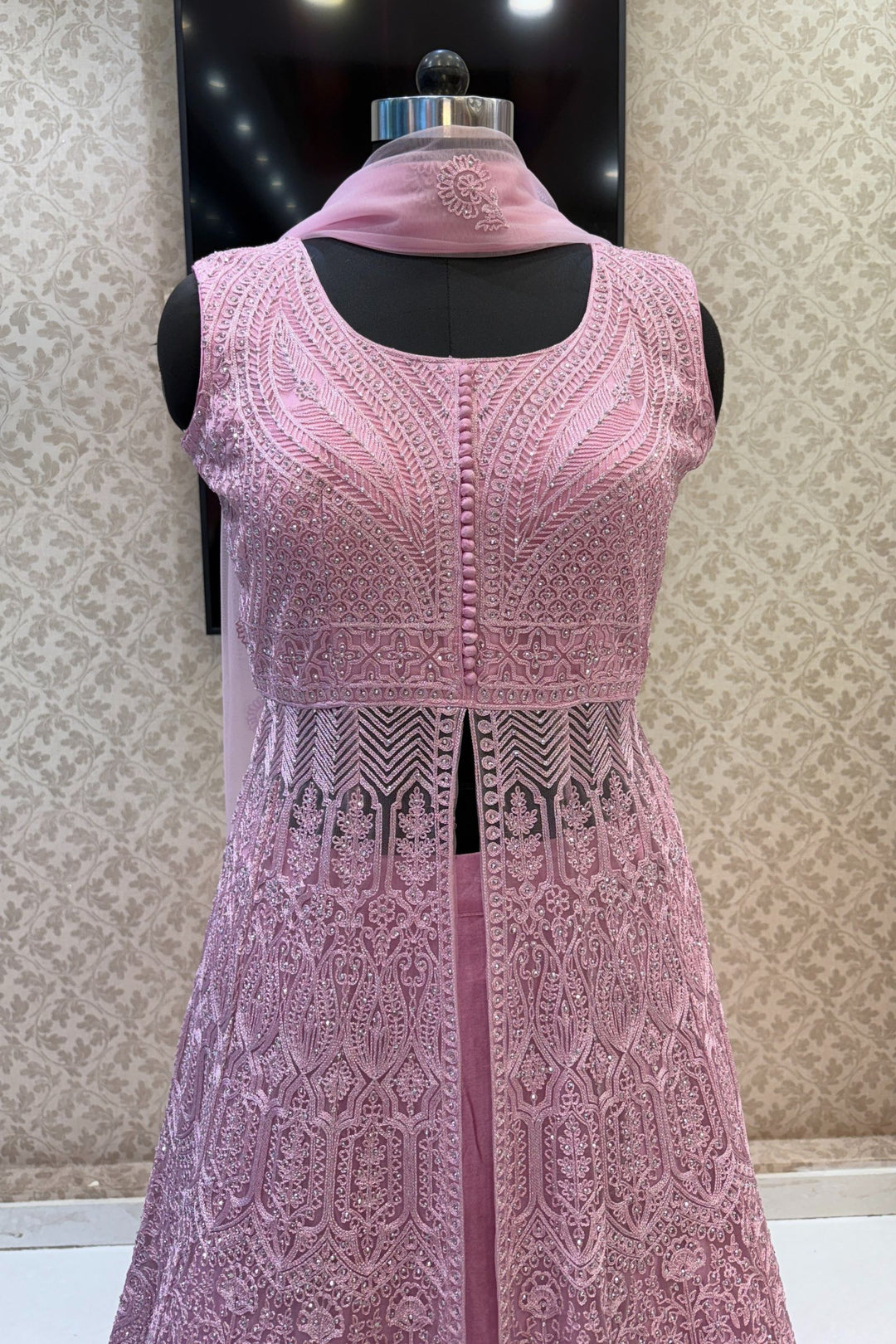 Baby Pink Zari Thread and Stone work Mastani Styled Long Top Lehenga