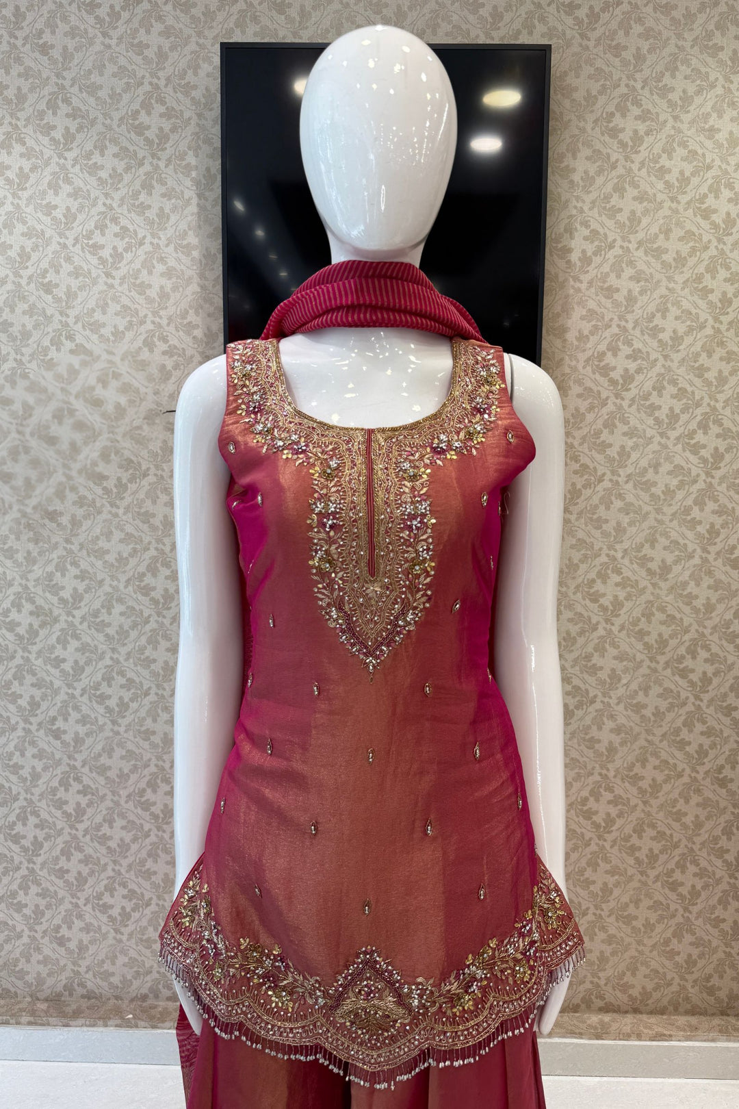 Rani Pink Palazzo Salwar Suit with Zardozi, Mirror and Beads Detailing