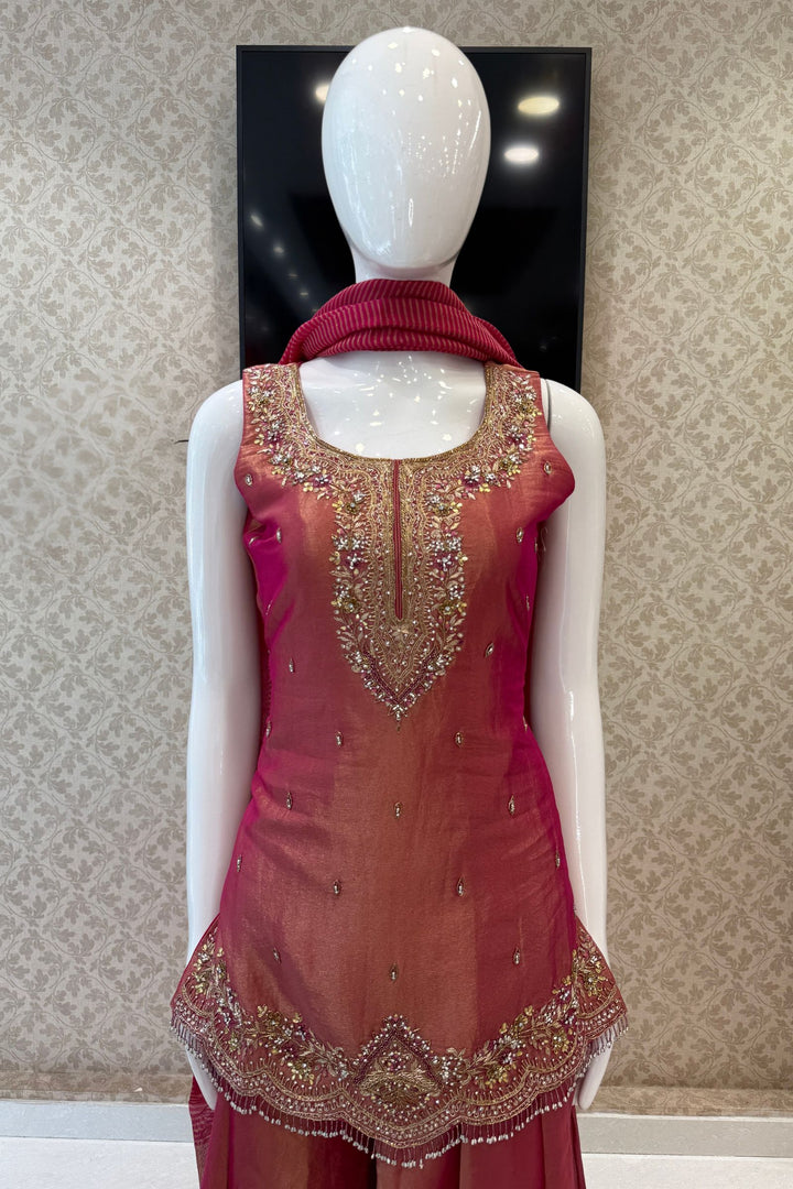 Rani Pink Palazzo Salwar Suit with Zardozi, Mirror and Beads Detailing