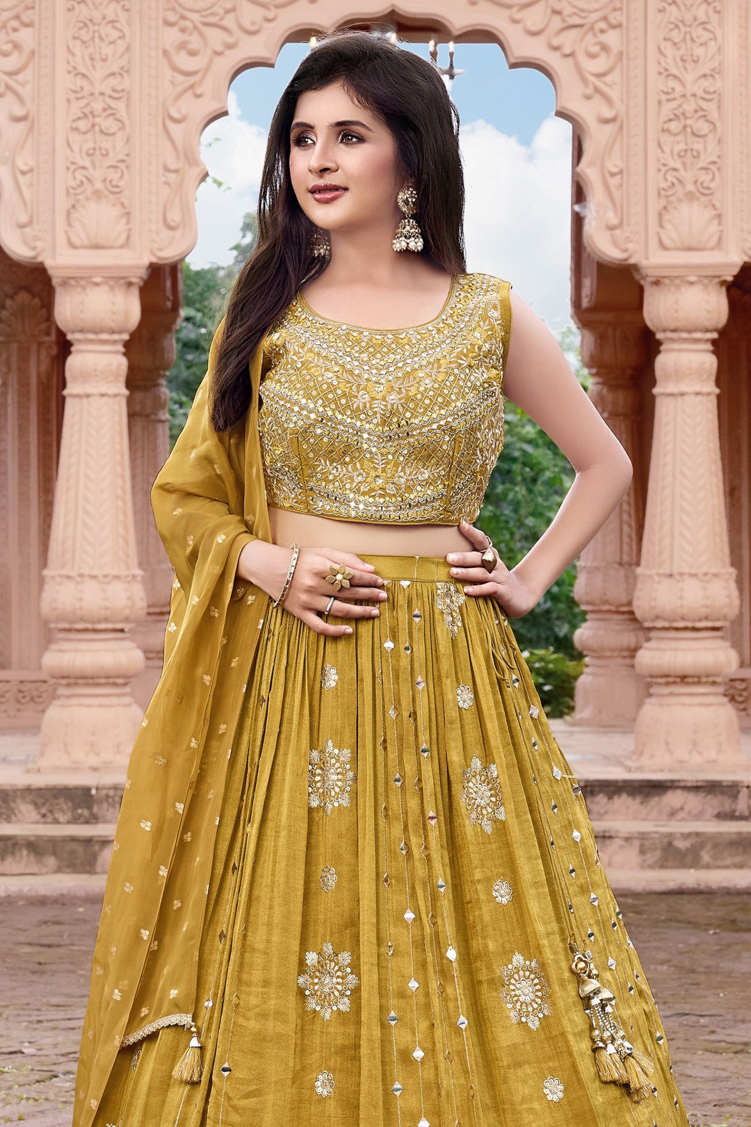 Olive Green Mirror, Zardozi, Zari, Beads and Sequins work Lehenga Choli for Girls
