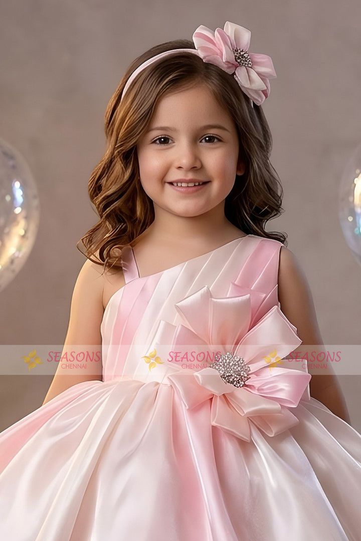 Half White with Pink Stone work Short Partywear Frock for Girls