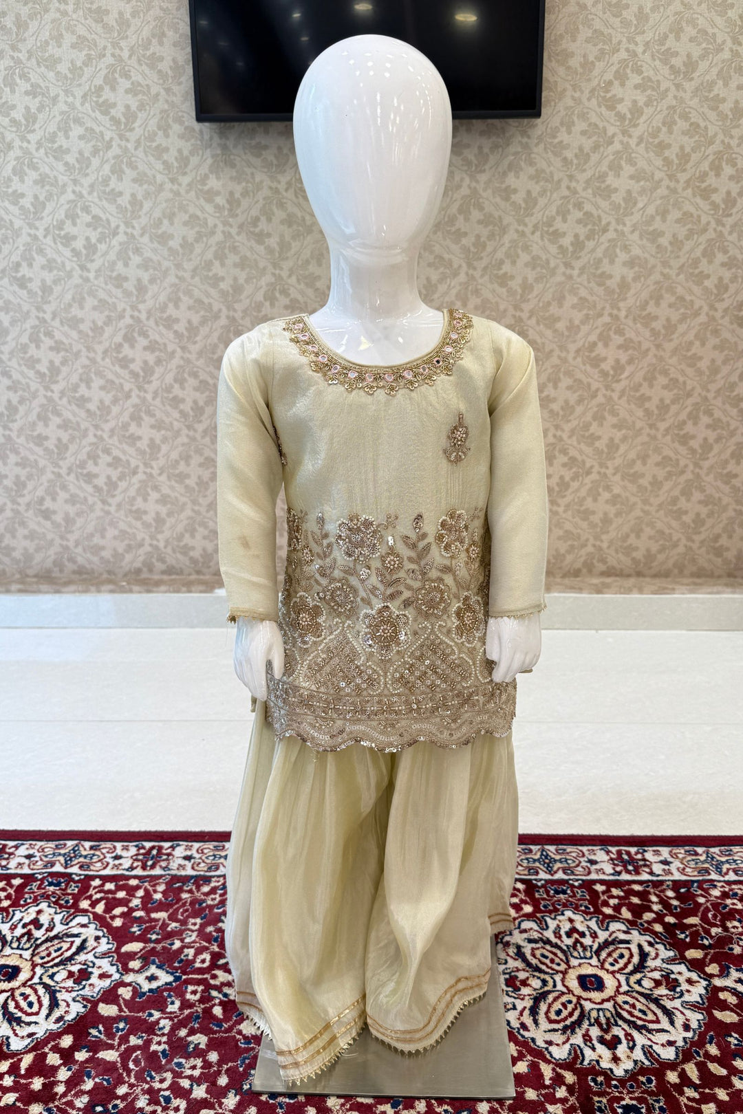 Cream Beads, Sequins, Zari, Zardozi and Mirror work Palazzo Suit Set for Girls