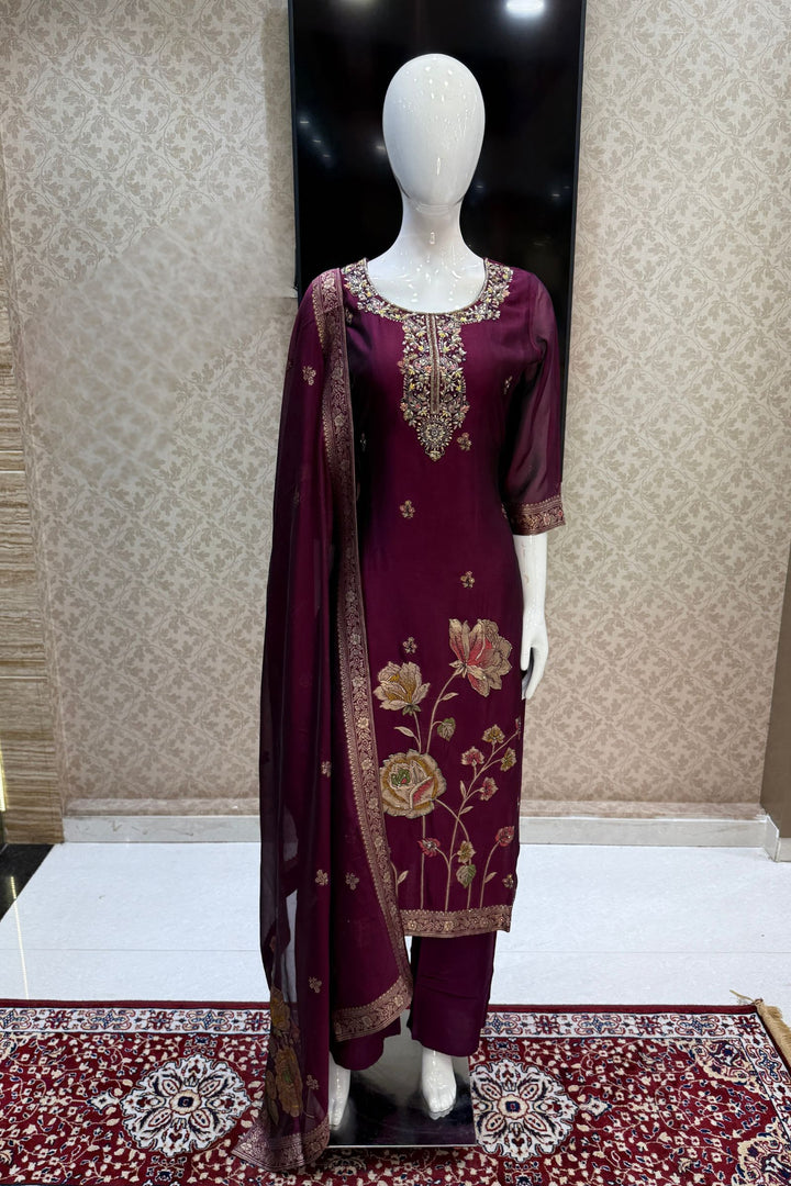 Wine Beads, Sequins, Zari, Stone, Banaras and Jacquard work Straight Cut Salwar Suit