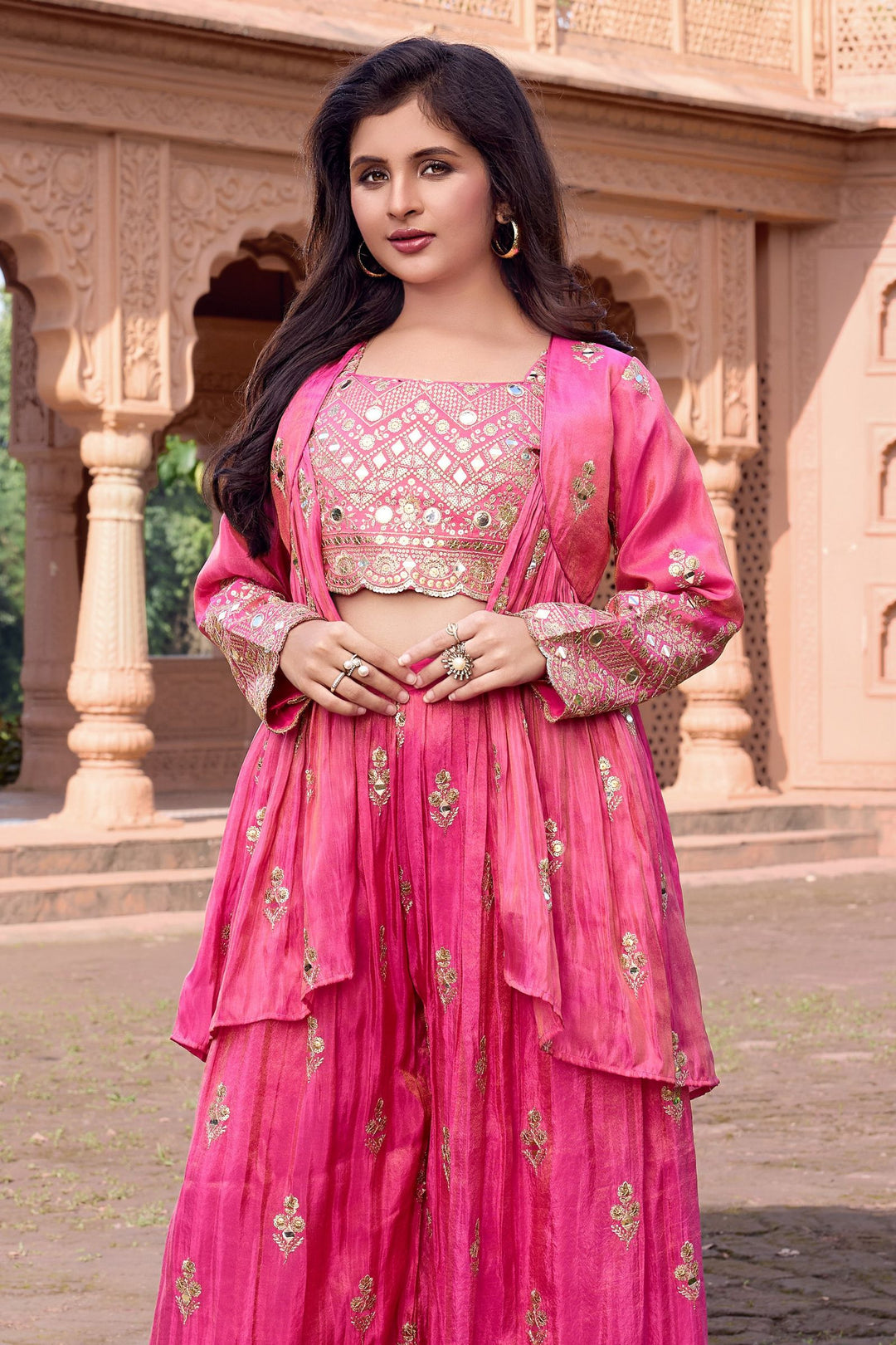 Lotus Pink Sequins and Zari work Overcoat Styled Palazzo Set For Girls