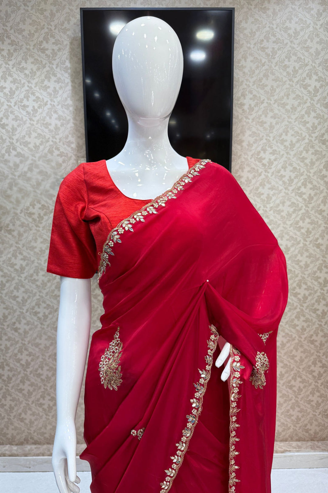 Red Mirror, Pearl, Zardozi, Stone and Beads work Saree