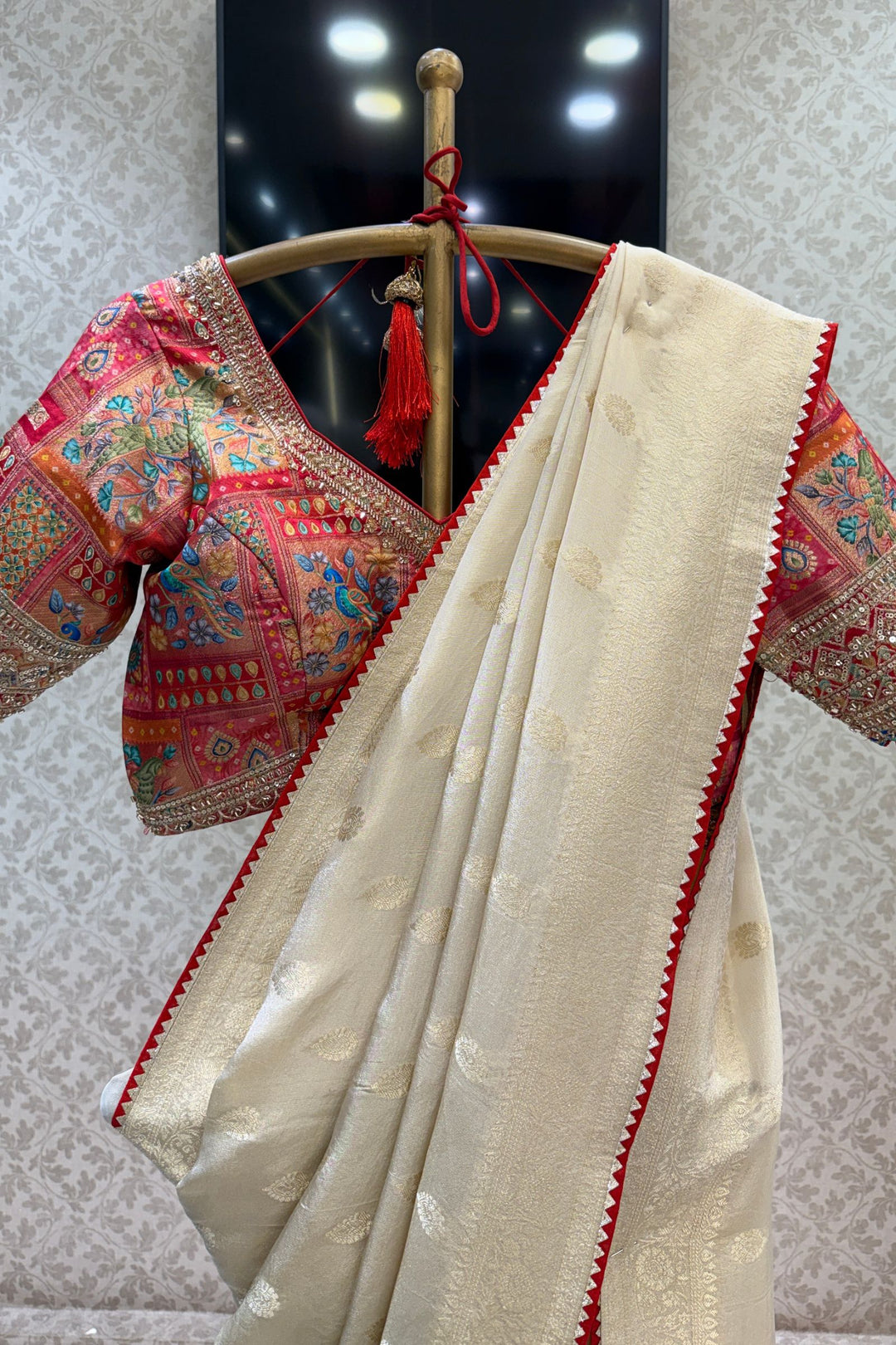 Cream Banaras work Saree with Beads, Zari and Sequins work Readymade Blouse