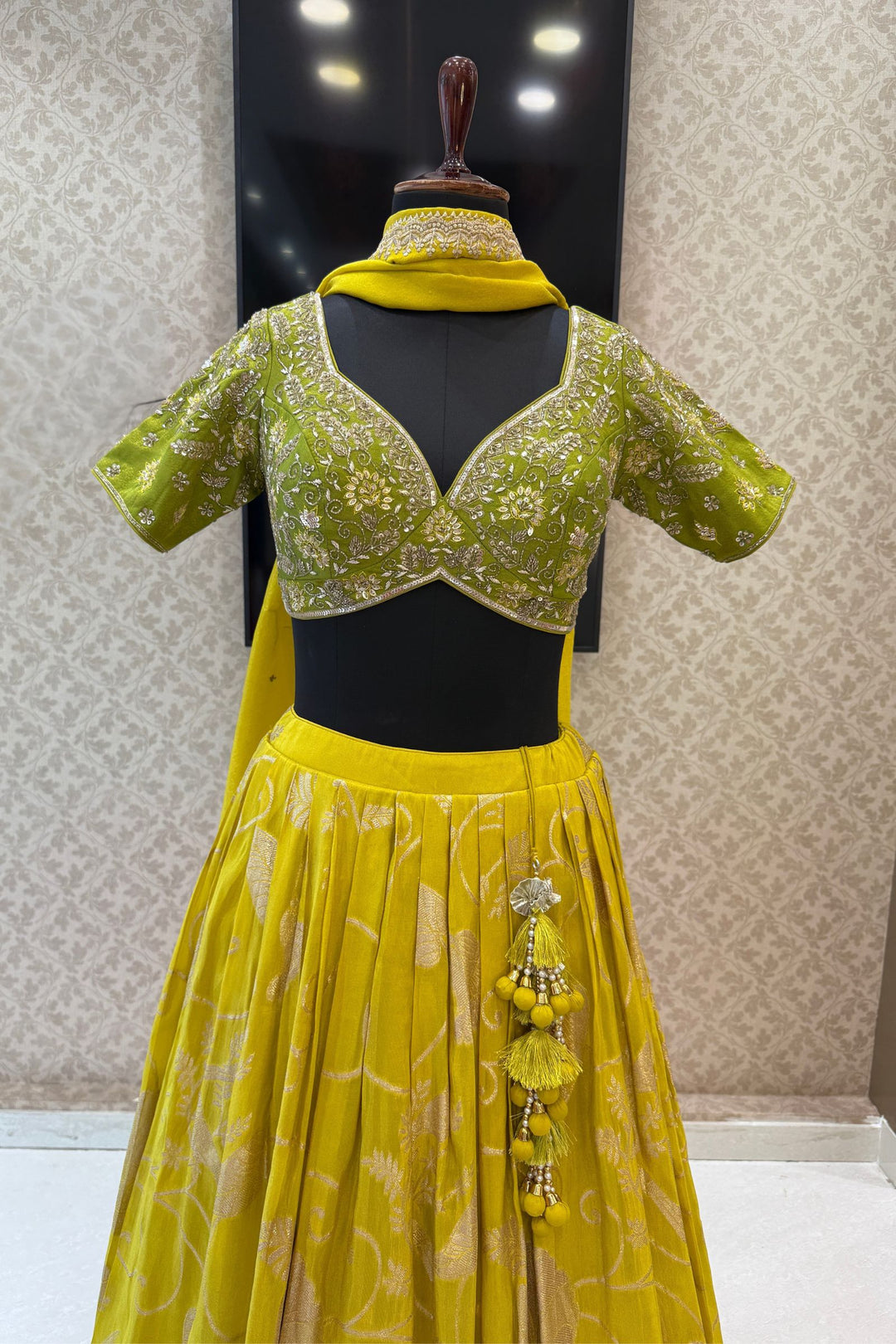 Parrot Green with Liril Green Beads, Sequins, Zardozi and Banaras work Crop Top Lehenga