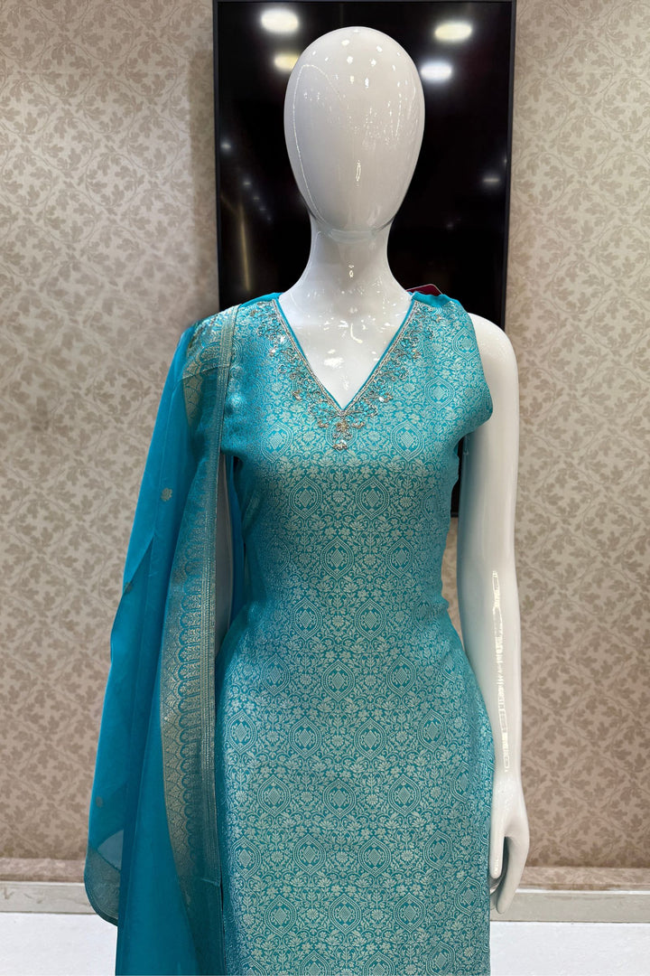 Firozi Blue Jacquard, Beads, Zardozi, Mirror and Sequins work Straight Cut Salwar Suit