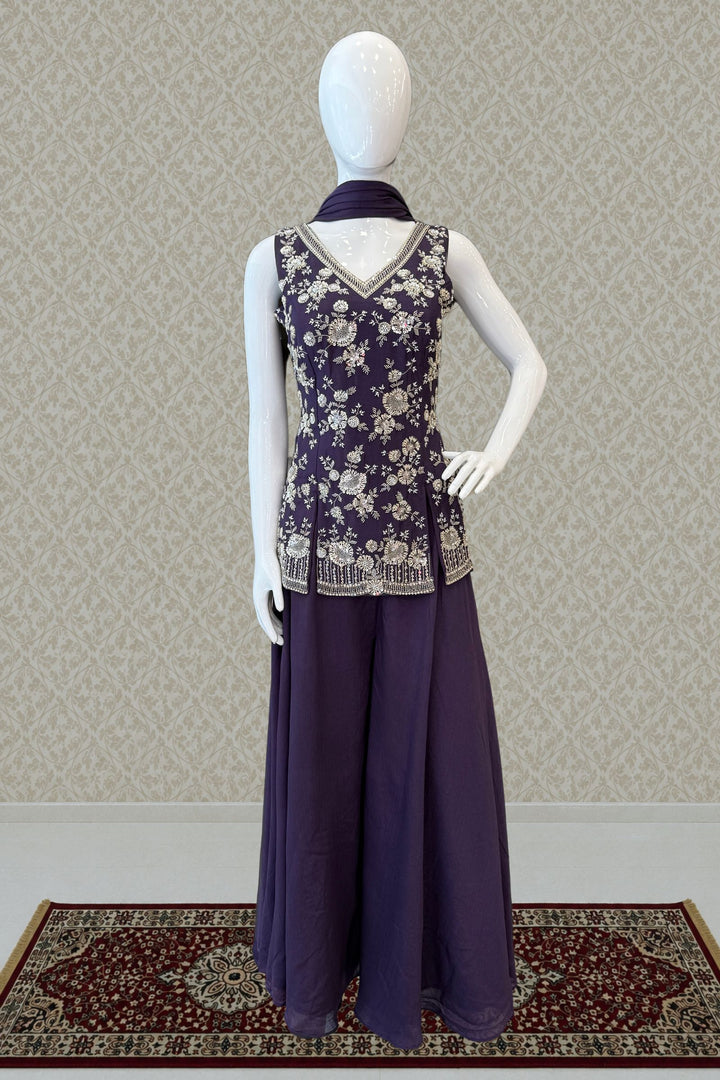 Purple Beads, Zari and Sequins work Palazzo Salwar Suit
