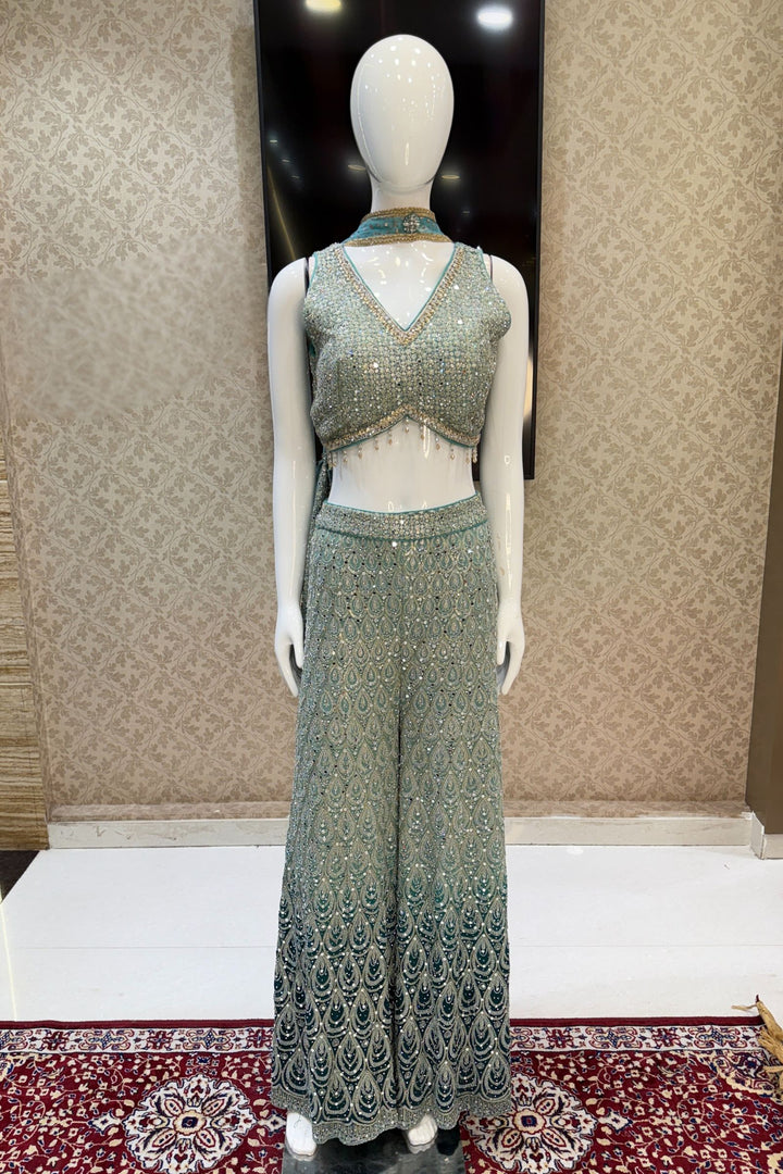 Sea Green with Peacock Green Sequins and Beads work Crop Top with Palazzo Pant