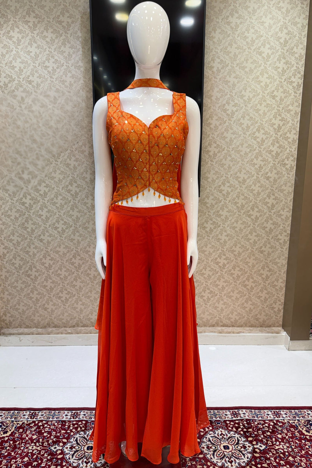 Orange Mirror, Stone and Banaras work Palazzo Suit Set