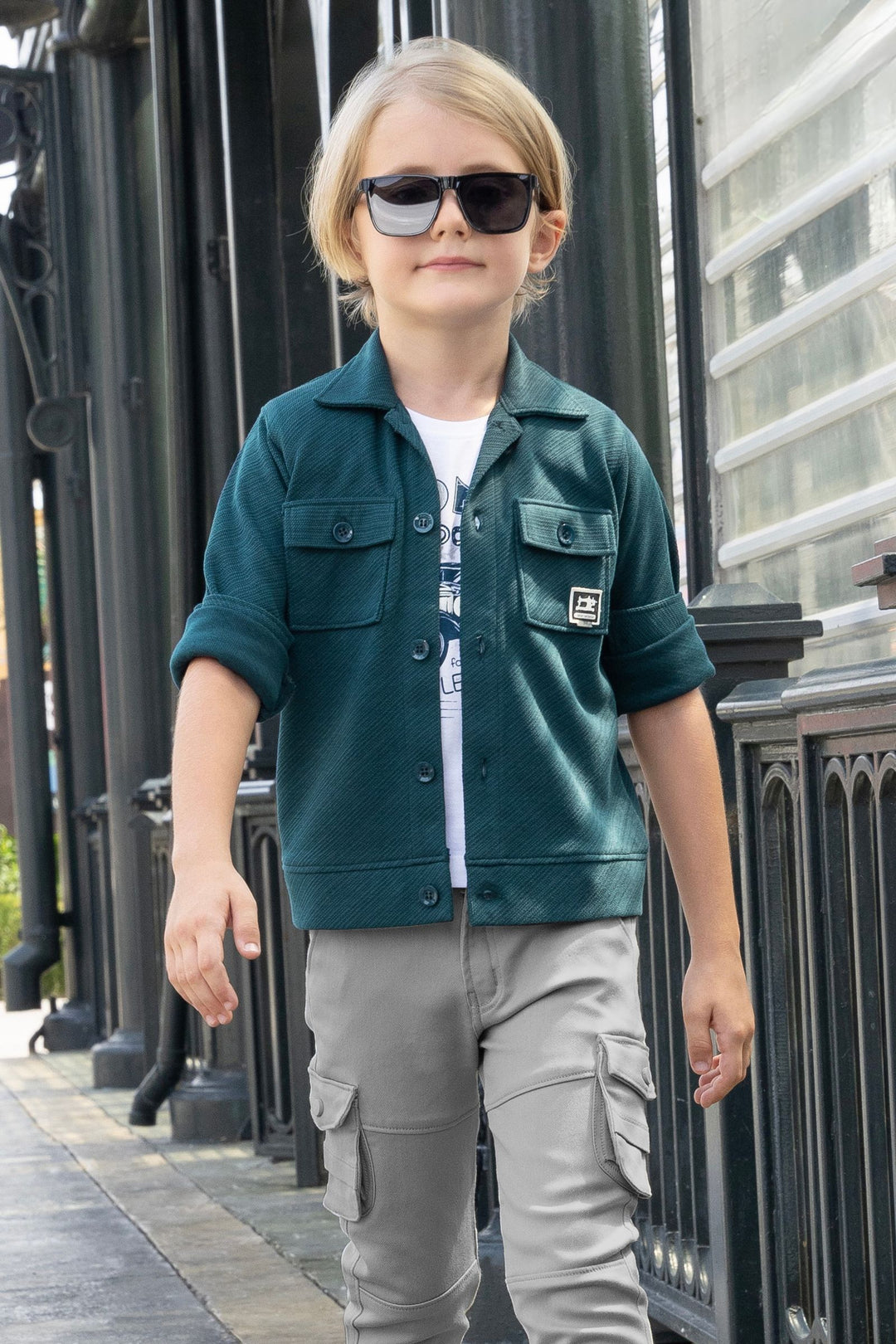 Teal Blue Blazer, White Printed T-Shirt and Grey Pant Set for Boys