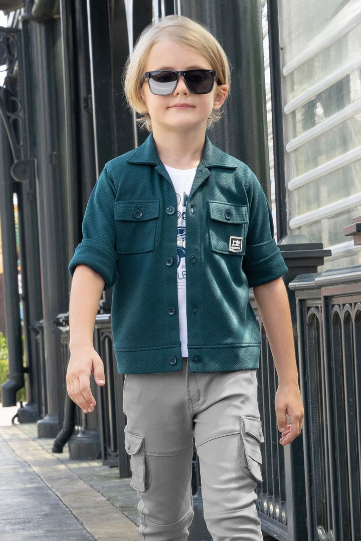 Teal Blue Blazer, White Printed T-Shirt and Grey Pant Set for Boys