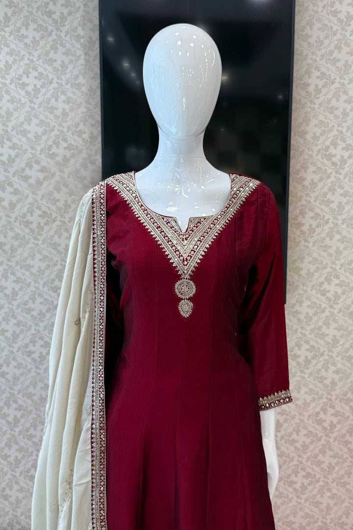 Maroon Sequins and Zari work A-line Cut Salwar Suit