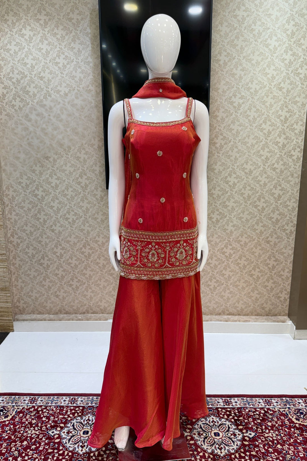 Tomato Red Beads, Sequins and Zari work Palazzo Salwar Suit