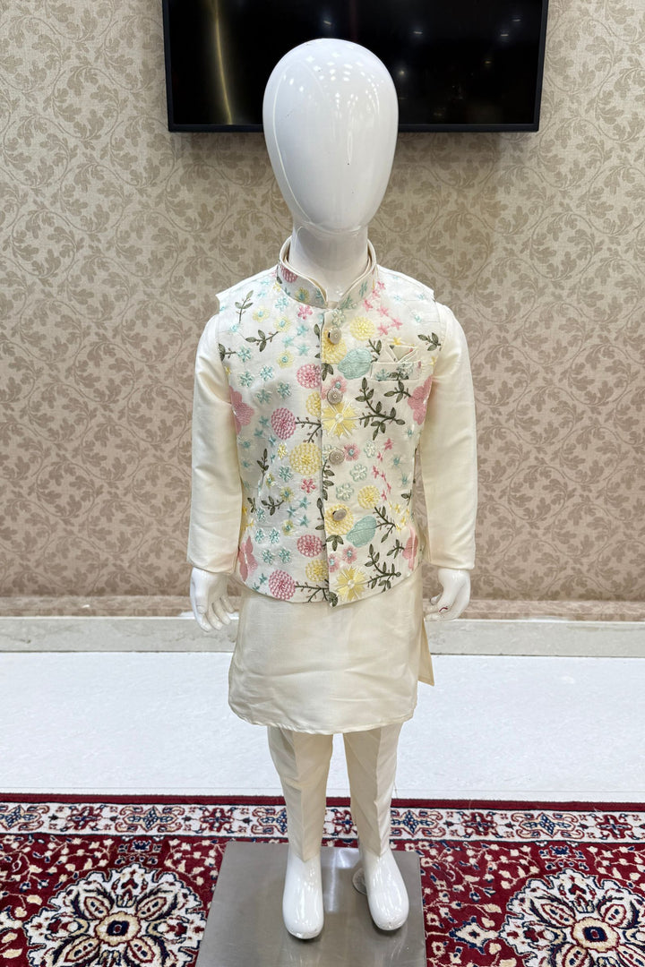 Cream with Multicolor Embroidery and Sequins work Waist Coat Kurta Set for Boys