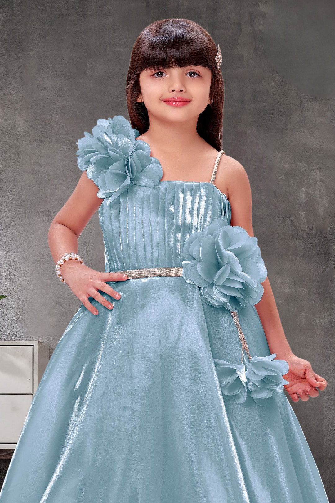 Greyish Blue Long Party Frock for Girls