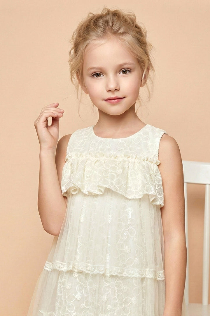 Cream Thread and Sequins work Short Partywear Frock For Girls