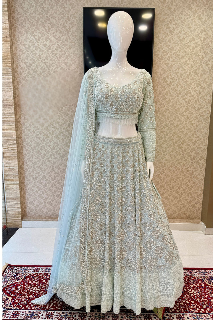 Aqua Blue Beads, Sequins and Zari work Crop Top Designer Bridal Lehenga
