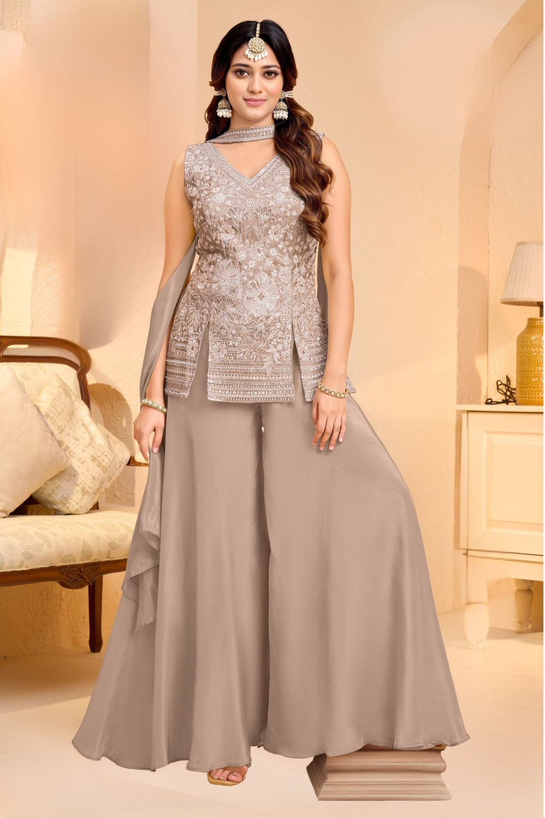 Beige Palazzo Salwar Suit with Embroidery, Beads and Sequins Detailing