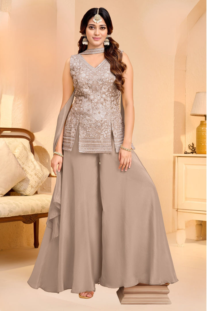 Beige Palazzo Salwar Suit with Embroidery, Beads and Sequins Detailing