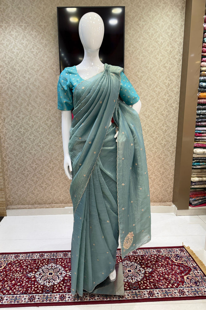 Sea Green Shimmer Tissue Saree with Scalloped Zari Border
