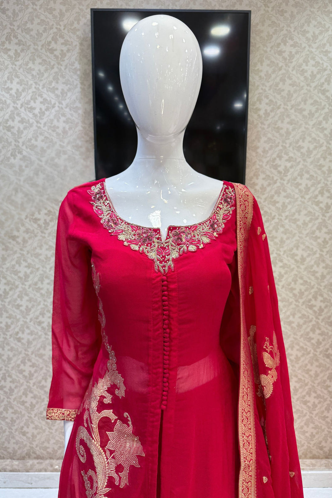 Rani Pink Banaras, Stone, Zardozi, SEquins, Beads and Zari work Straight Cut Salwar Suit